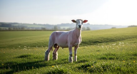 Obraz premium Young Lamb Standing in Green Pasture Field Under Bright Sky