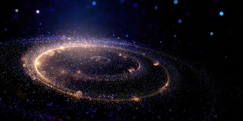 This beautiful image showcases a glowing galaxy with swirling golden and blue particles.