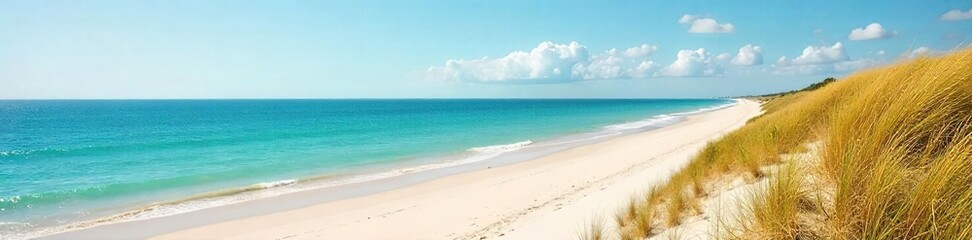 Golden sand dunes meet the turquoise Baltic Sea on a sunny Scandinavian beach Perfect summer getaway, tranquility, coastal escape Stunning natural landscape , texture, Scandinavia