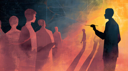 Silhouette of a leader guiding a group of people through abstract fiery landscape, symbolizing vision, direction, and transformative leadership in a dynamic environment.