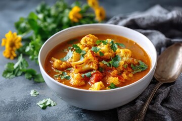 A bowl of vibrant cauliflower curry with cilantro on a gray background. Use this for blog posts or recipes about healthy, delicious, vegetarian food.
