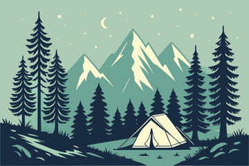 Obraz premium Nighttime mountain landscape with tall pine trees surrounding camping tent