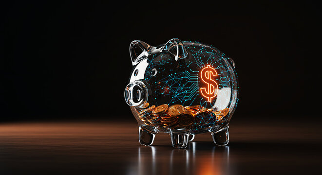 Glass piggy bank holding a glowing digital dollar sign, representing fintech and modern savings
