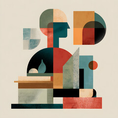 Abstract figure constructed from geometric shapes sits in a contemplative pose against a neutral backdrop, evoking a sense of modern art and minimalist design.