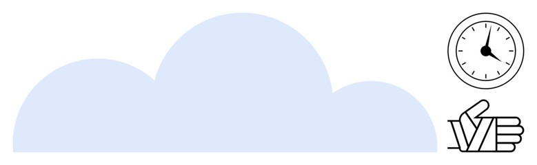 Cloud with clock and hand gesture representing efficient time management, cloud data storage, remote accessibility. Ideal for technology, productivity, efficiency, innovation, communication, data