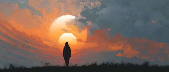 Woman walks towards a double sunset on a grassy hill, silhouetted against the vibrant orange and blue sky, creating a sense of wonder and solitude.