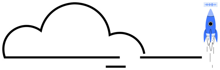 Blue rocket blasting off into space near a single-line cloud outline. Ideal for innovation, technology, aspiration, startup, growth, creativity, exploration. Simple flat metaphor