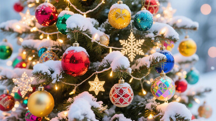 A Christmas tree adorned with an array of vibrant, intricately designed ornaments. Christmas, Christmas Tree, Merry Christmas, Christmas Background, Christmas Lights