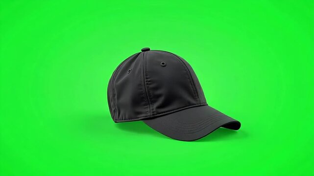 Stylish black baseball cap rotating smoothly on a vivid green screen background, perfect for fashion promos or product demos, add your own logo, cool