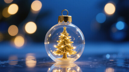 A glass Christmas ornament resting on a reflective surface, capturing a miniature golden tree inside. Christmas, Christmas Tree, Merry Christmas, Christmas Background, Christmas Lights