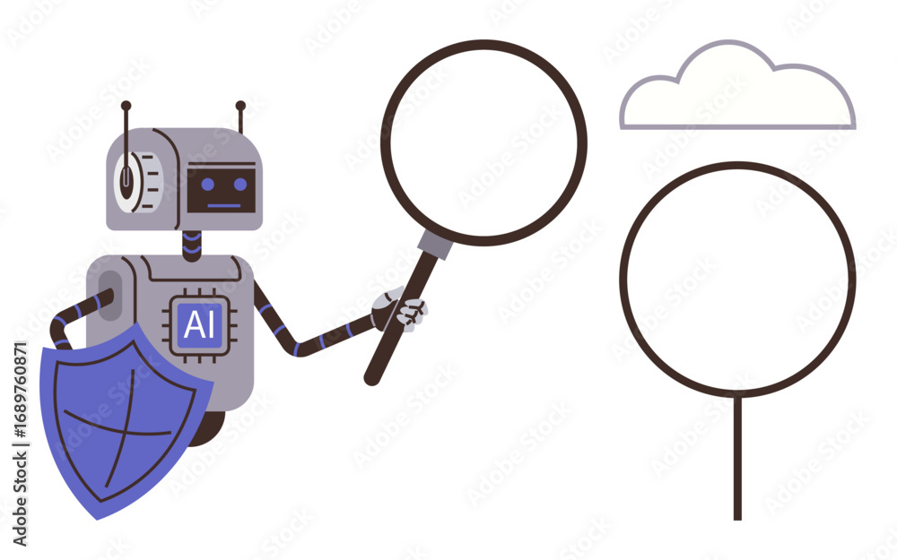 Poster robot labeled ai holding magnifying glass and shield, analyzing cloud and data. ideal for cybersecur