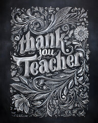 Thank you teacher message written in chalk on a blackboard surrounded by floral ornaments expressing gratitude and appreciation.