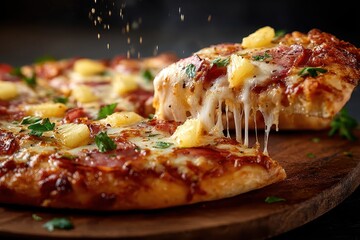 Pizza slice with pineapple, herbs, and cheese, on wooden board. Perfect for illustrating food blogs, restaurants or delivery services.