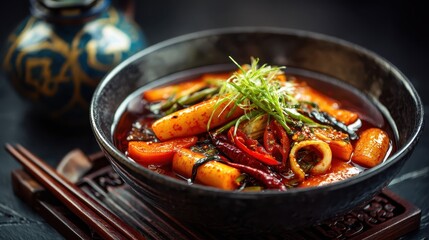 Spicy tteokbokki in black bowl, with chili peppers, green onions, and chopsticks. It’s great for showing Korean food, cuisine, or Asian culinary traditions.