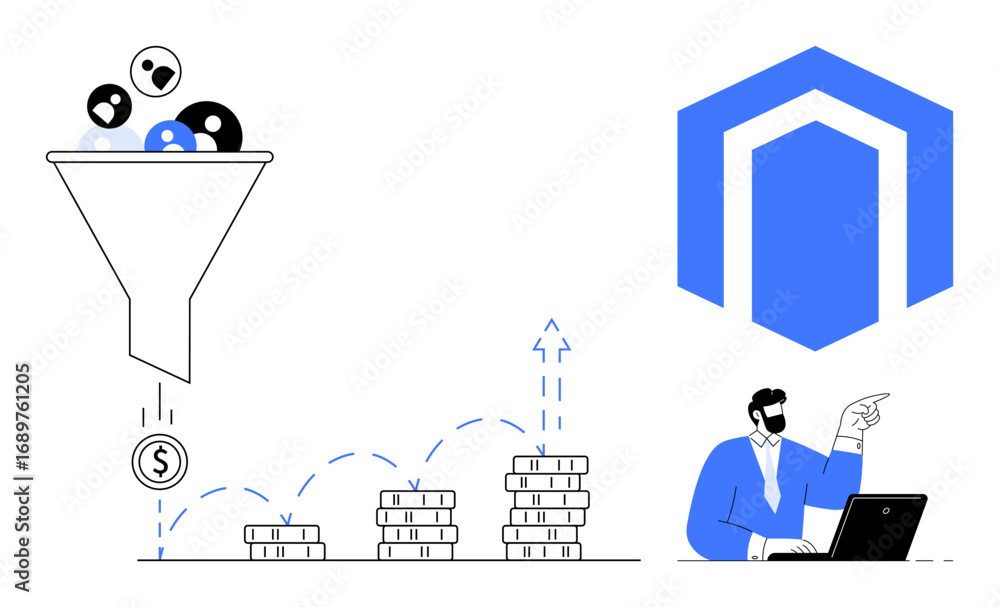 Poster funnel filtering users into revenue generation, stacked coins showing profit growth, man explaining 