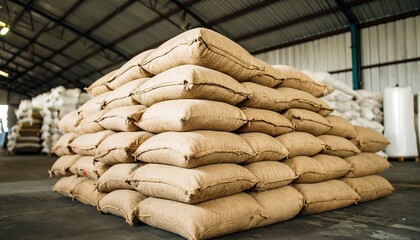 Stacks of burlap sacks in warehouse