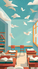 Empty classroom with open books and paper birds flying in the sky evokes a sense of learning, imagination, and tranquility, creating a peaceful and inspiring atmosphere.