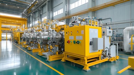 A large industrial facility with complex and equipment used for fuel processing and energy production featuring a clean and organized work environment with a focus on precision and efficiency