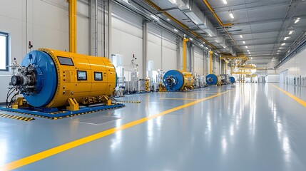 Rows of large advanced fuel processing equipment in a spacious well lit industrial workshop with a focus on precision and efficiency