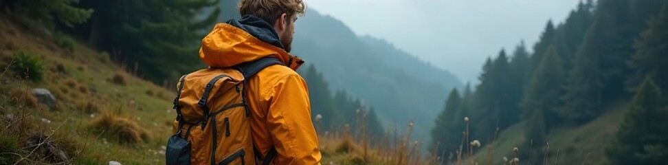 Naklejka premium Durable, waterproof camping jacket with hood, perfect for hiking and outdoor adventures Features multiple pockets and breathable fabric for comfort , field jacket, hiking