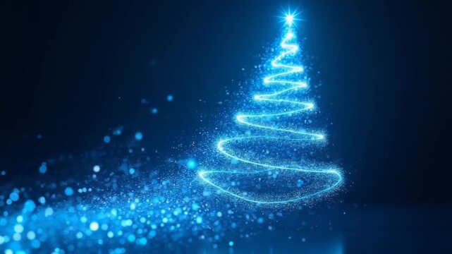 Abstract bright blue flying line of dots and luminous particles of energetic magical bright spirals in the shape of a Christmas New Year tree