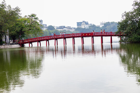 To enter the  Ngoc Son Temple, you need to cross&nbsp;The Huc Bridge. Built in 1865, this red bridge made of wood connects the bank with Ngoc Son Temple in the middle of Hoan Kiem Lake. Hanoi, Vietnam