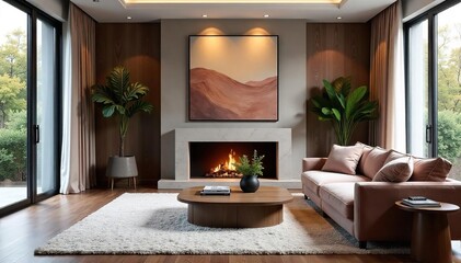 Luxurious modern living room with a fireplace, plush velvet sofa, and statement art Sophisticated design elements create a calming and inviting atmosphere , sofa, living room