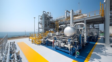 An offshore fuel processing facility with a complex network of high tech industrial equipment pipelines and control panels for efficient and precise energy production