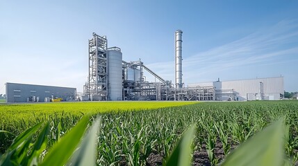 A sprawling biofuel processing facility surrounded by agricultural fields showcasing the of renewable energy production and sustainable practices