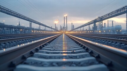 An intricate network of refinery pipelines cutting through the urban skyline creating a striking industrial perspective at dusk