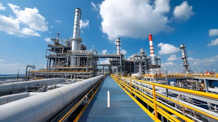Expansive refinery with a complex network of pipelines towers and processing equipment stretching out towards the horizon under a partly cloudy sky