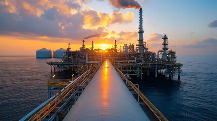 Aerial view of an intricate offshore oil and gas refinery plant with a network of pipelines extending across the ocean at a vibrant sunset