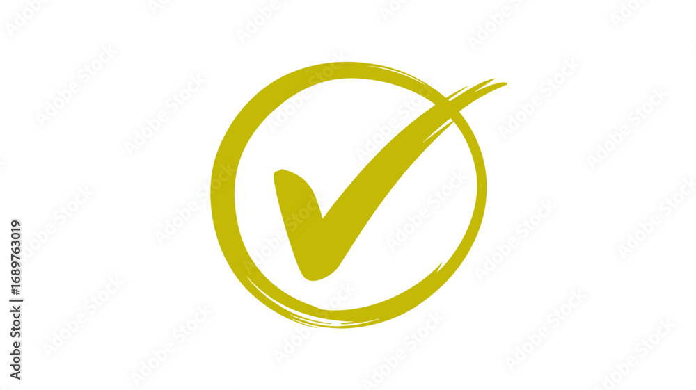 Poster hand-drawn golden check mark in a circle signifying approval confirmation or completion