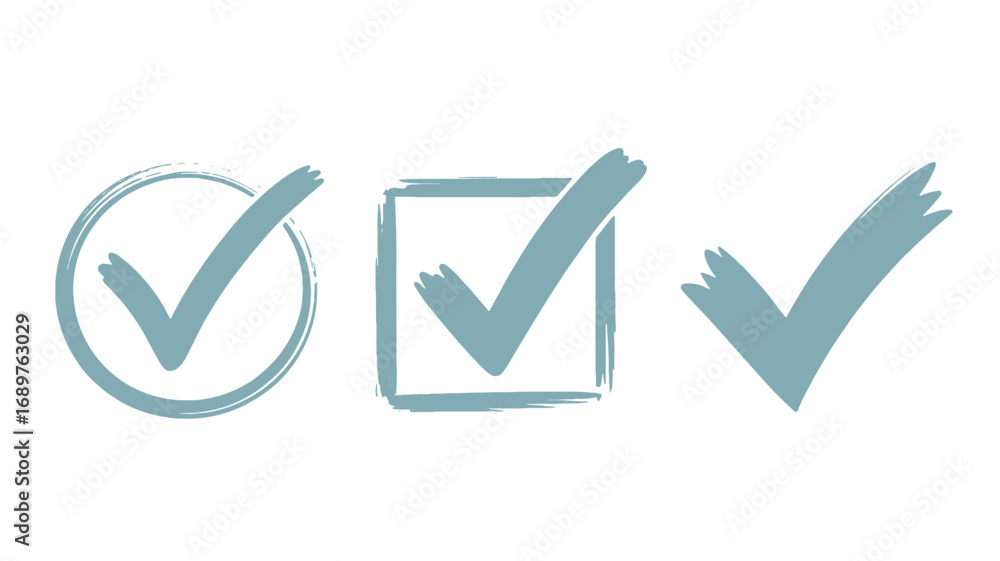 Poster set of three hand-drawn checkmarks in circle square and standalone variations