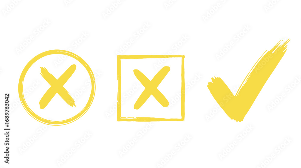 Poster hand-painted yellow check marks and crosses for user interface design