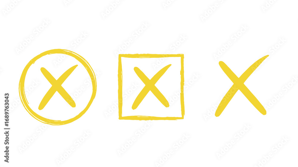 Aufkleber hand-drawn yellow cross mark variations in circle square and standalone forms