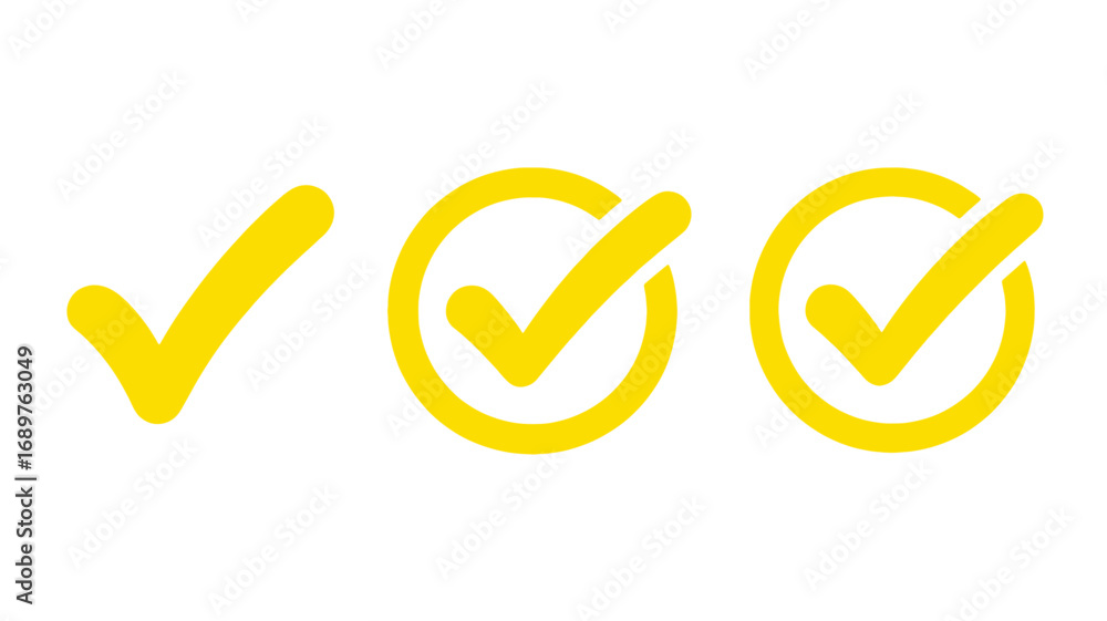 Aufkleber three yellow checkmarks in different styles standalone encircled and encircled with a thicker outlin