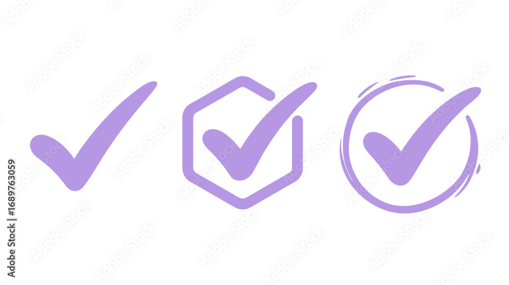 Aufkleber three purple checkmarks in different shapes including a hexagon and a circle on a white background