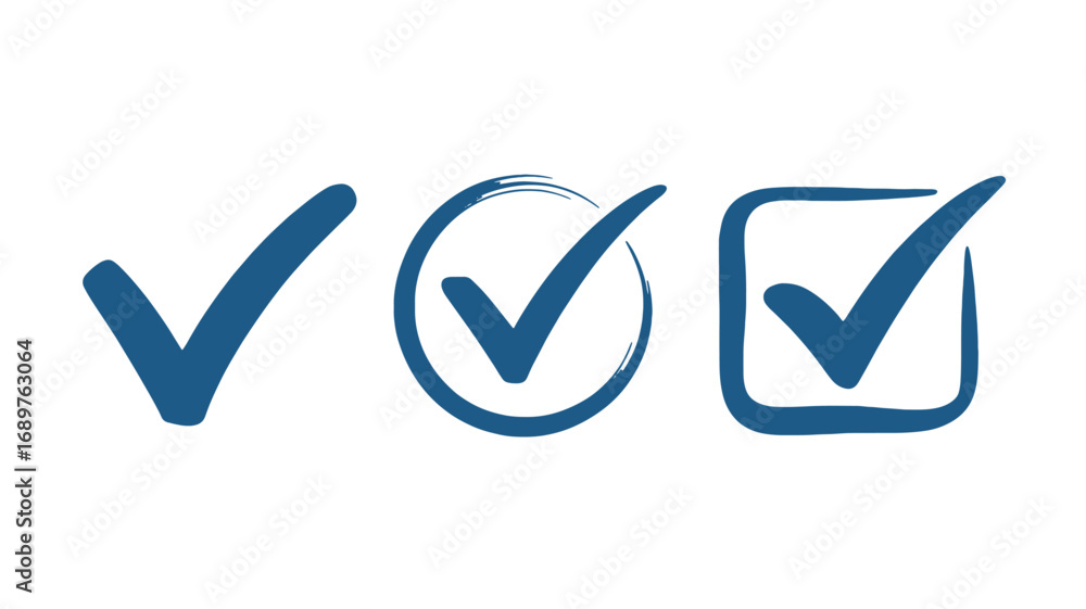 Poster three hand-drawn checkmarks in different shapes check circle and square