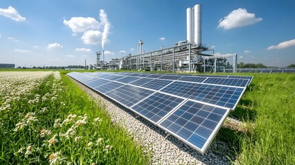 Rows of solar panels installed adjacent to a large scale biofuel production plant demonstrating the of renewable energy sources and clean processing technologies for sustainable energy