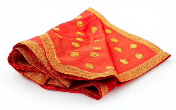 Red Bridal Chunri Cloth with Gold Detailing Isolated On White Background.