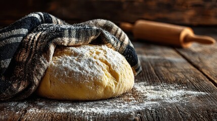 Dough ball under a striped cloth, flour on a wooden table with a rolling pin. Use it for baking recipes, homemade bread ads, or rustic food blogs.