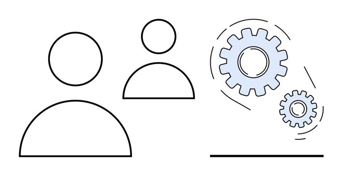 Outline of two abstract human figures adjacent to two interlocking gears, symbolizing teamwork, collaboration, efficiency, problem-solving, productivity, innovation, and synergy. A simple flat