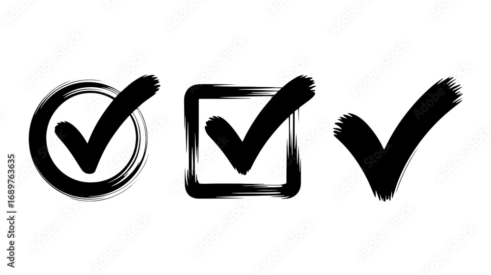 Poster set of three hand-drawn check marks in circle square and standalone variations