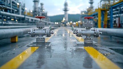 Close up view of pipelines and valves at a gas refinery featuring sleek geometric industrial design and details against a rainy urban backdrop