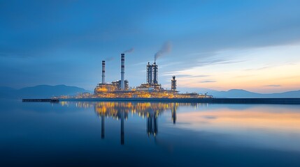 Majestic oil refinery plant with towering chimneys and infrastructure reflected in the still waters of a tranquil lake glowing under the warm light of a setting sun