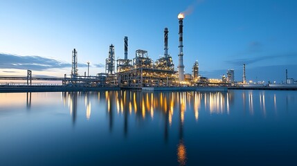 Majestic oil refinery plant with towering structures reflecting on the still tranquil waters of a lake or pond during a peaceful twilight moment