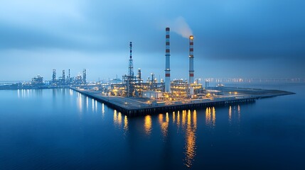 Majestic oil refinery complex with towering smokestacks and glowing lights reflecting on the still mirror like surface of the surrounding water under a moody night sky