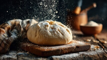Dough rests on wood while flour sprinkles down. Baking, recipes, and cooking content use.