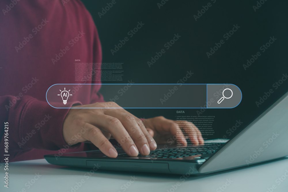 Aufkleber close-up of hands typing on laptop keyboard with ai search bar interface, symbolizing artificial int